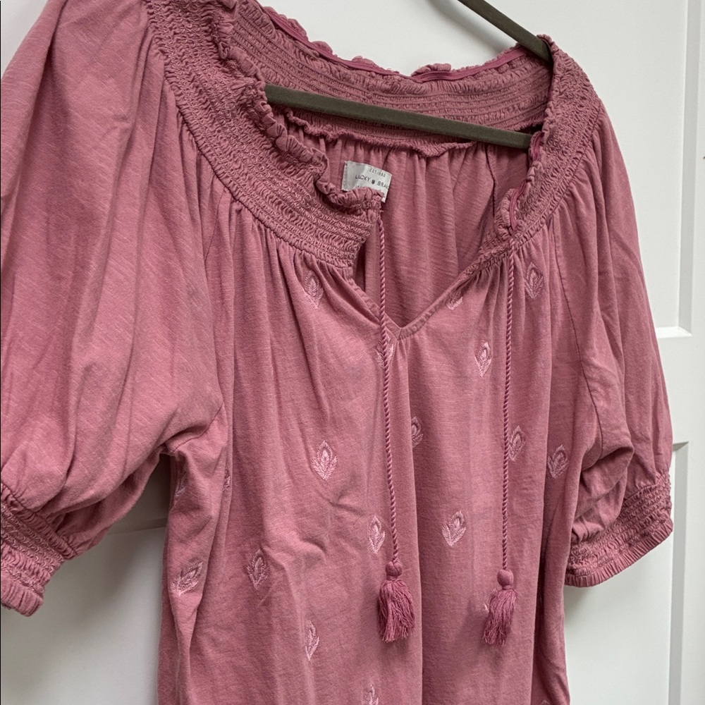 Lucky Brand Women's Rose Pink Peasant Blouse with Tassel Tie - Picture 3 of 5